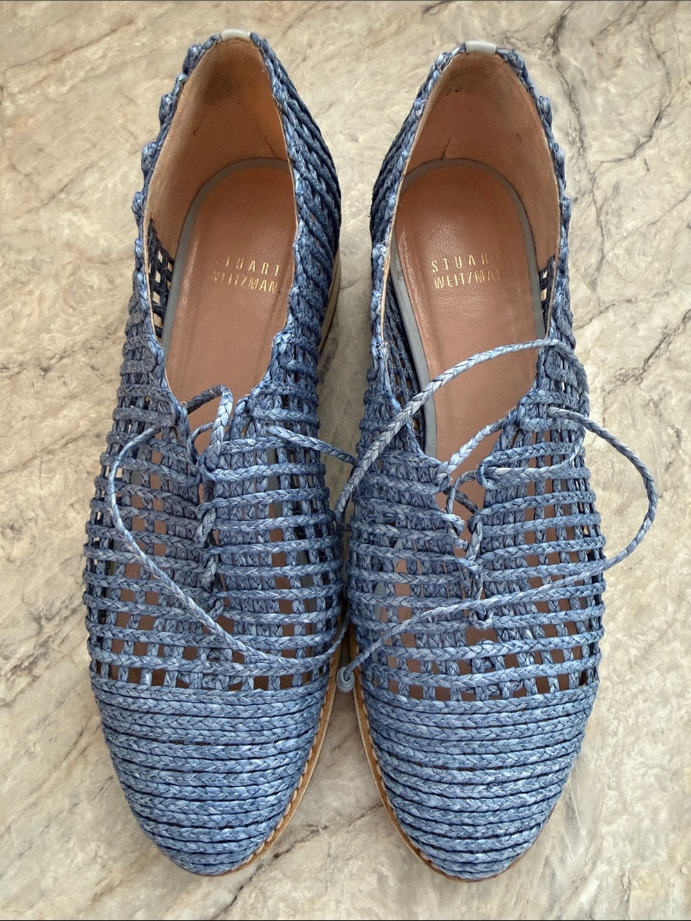 Stuart Weitzman Braided Lace-Up Flats in Denim Blue